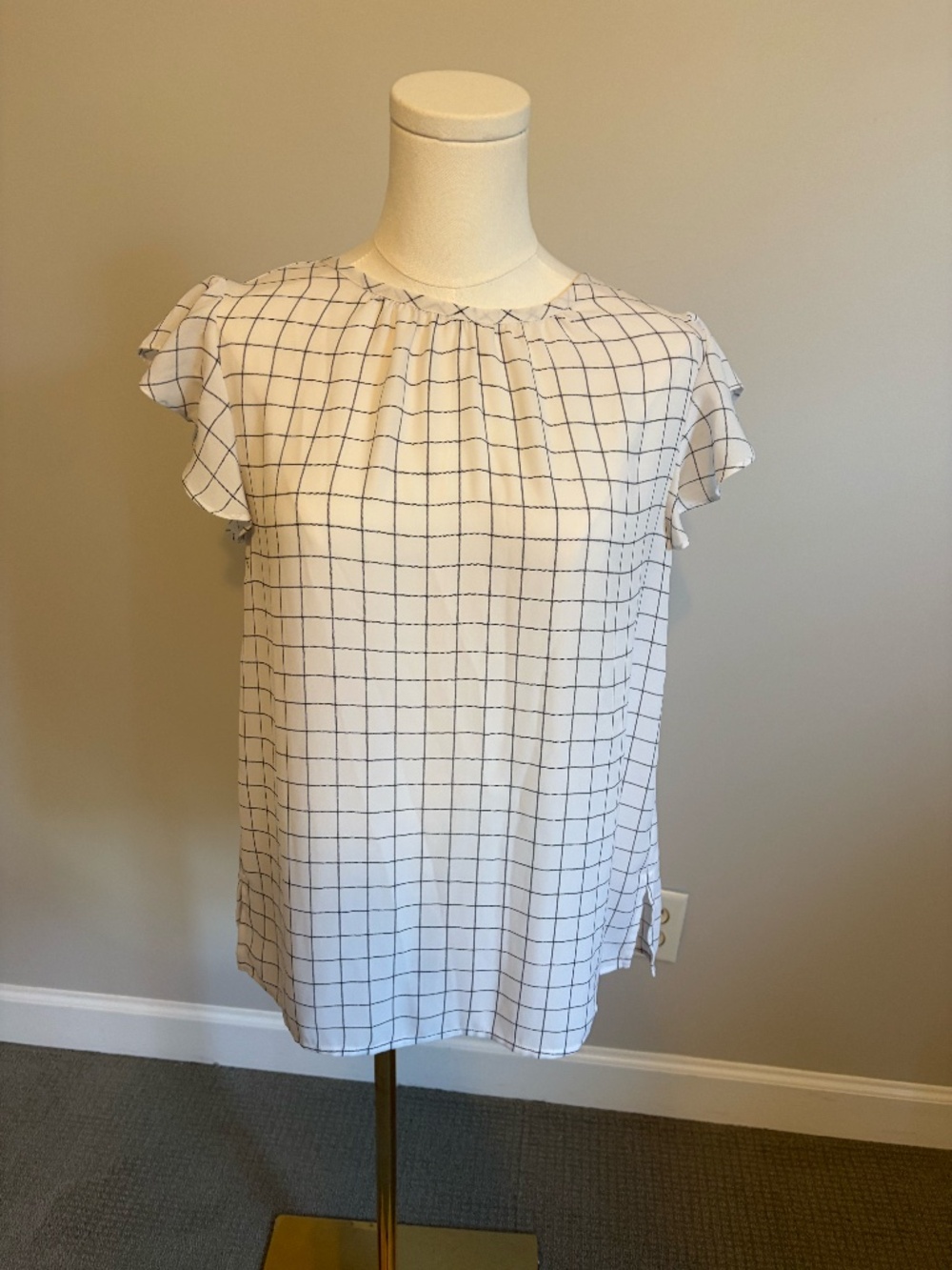 LOFT Outlet Ivory Navy Windowpane Flutter Sleeve Blouse XS